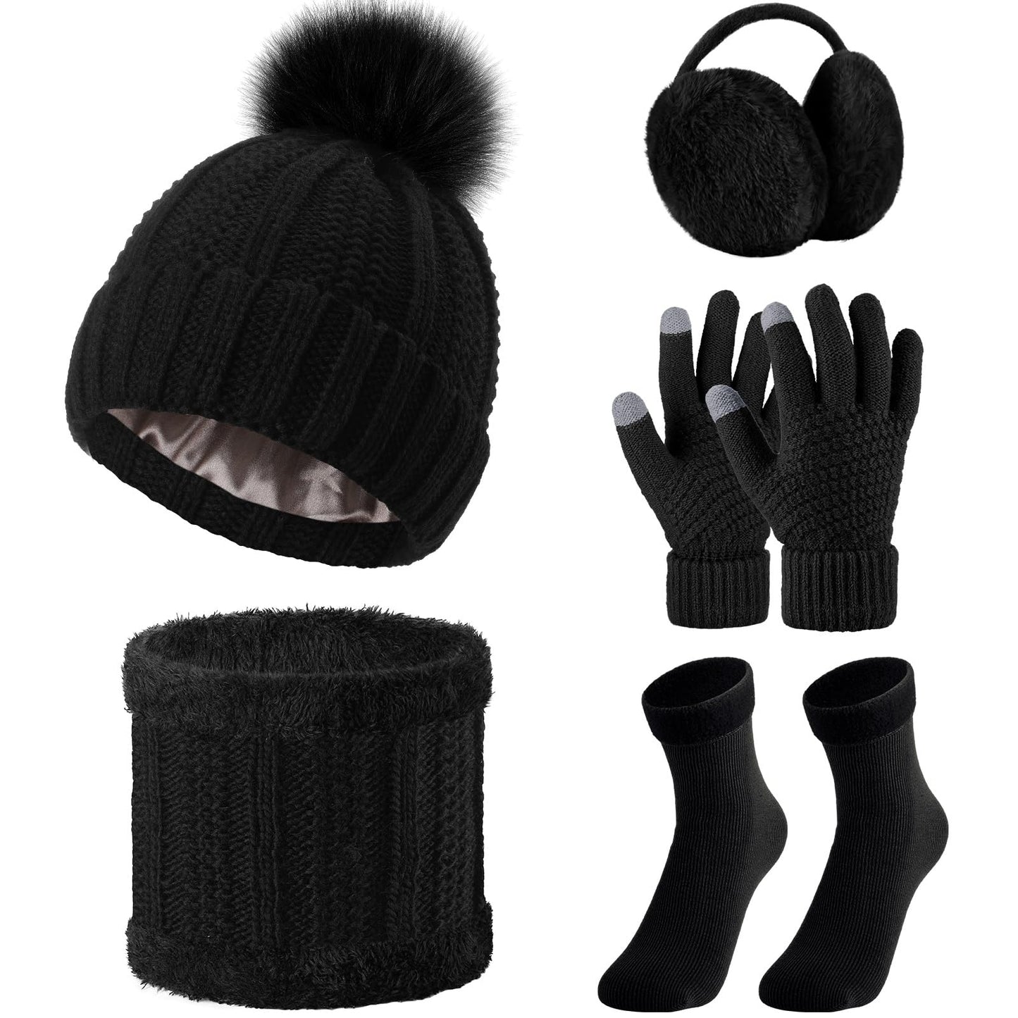 SATINIOR 5 Pcs Winter Satin Lined Hat Scarf Gloves Set Knit Pompom Beanie Warm Touchscreen Glove Earmuff Ear Warmer for Women(Black,Stylish Style)