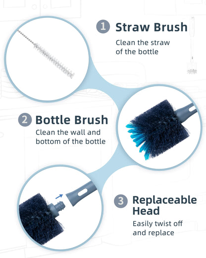ROSEOK 2in1 Bottle Scrubbing Brush with Straw Brush has Long and Comfortable Handle, Cleaning Glass, Sports Bottle, Coffee Mug,1 Pack, Grayish Blue