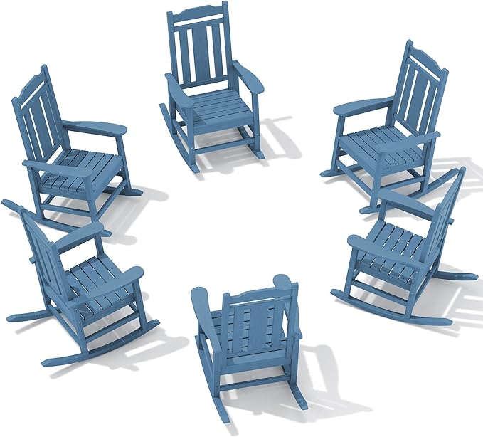 SERWALL Outdoor Rocking Chair Set of 6, Patio Rocking Chair Sets, HDPE Rocking Chair for Adults, Blue