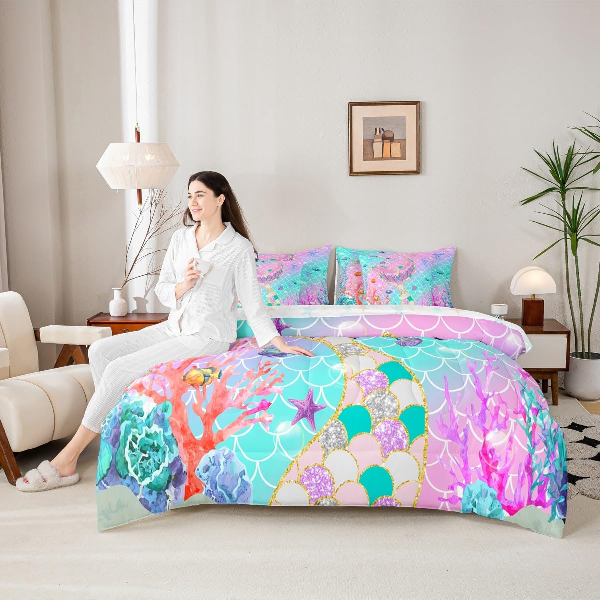 Mermaid Tail Bed in a Bag Queen Comforter Set 7-Piece | Fish Scales Girls Bedding Sets Girly Ombre Rainbow Comforter and Sheet Set,Teal Sequins Pastel Pink Paillette Ocean Life Sea Animal Room Decor