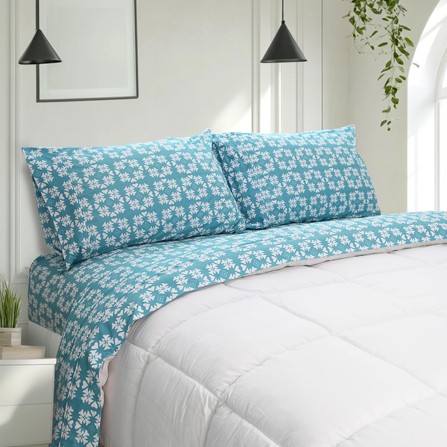 Ramesses Flannel Bedding Sheet Set Queen-Polyester Printed Microfiber Plush Flannel Bedding-Stain Resistant-Soft and Durable-4-Piece Bedding(Blue,Queen)