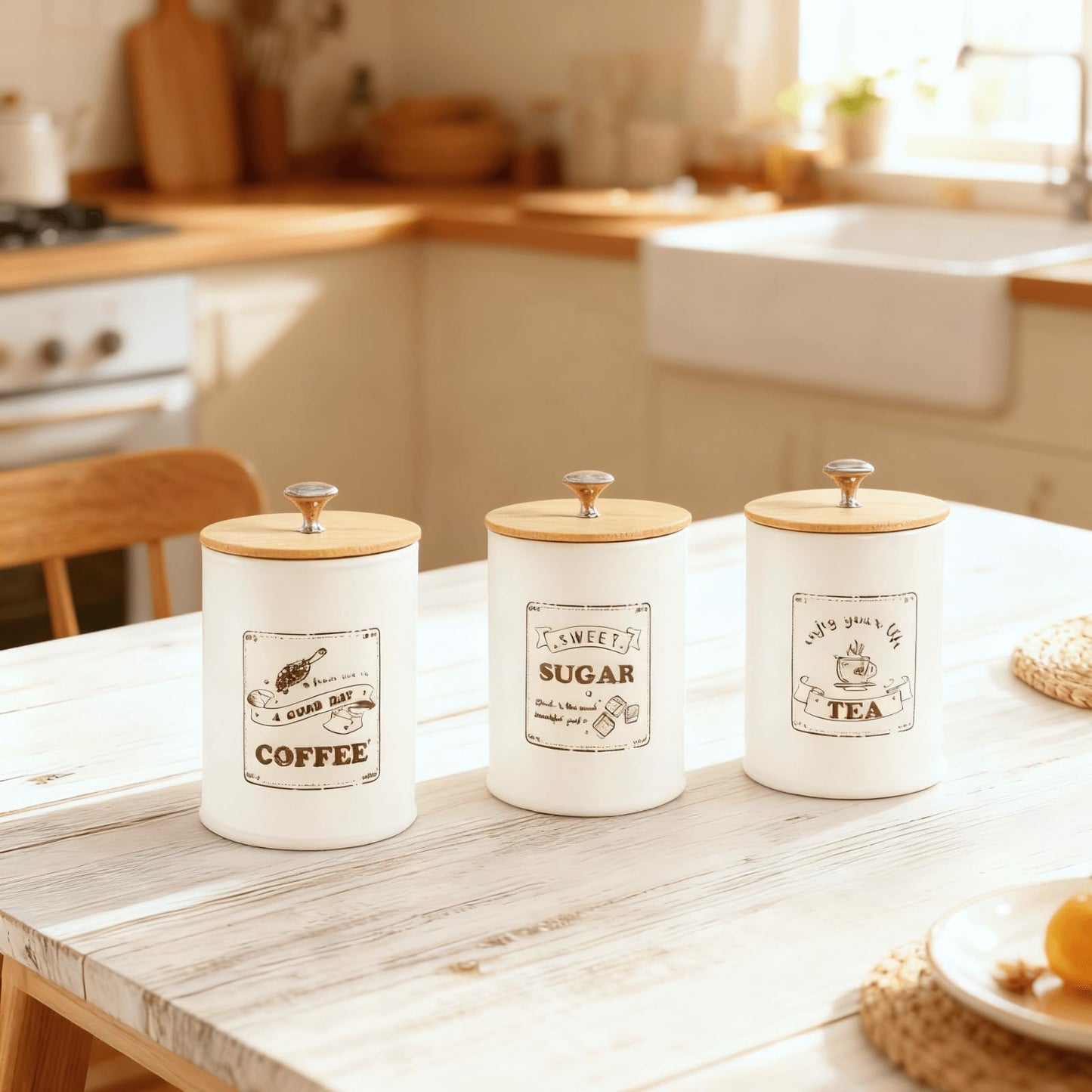 Youeon Metal Canisters Sets for the Kitchen, 40 Oz Coffee Sugar Tea Container Set, Farmhouse Style, Food Storage Containers with Lids for Countertop, Cabinet, Coffee Bar Decor, Beige