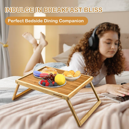 Bamboo Breakfast Tray for Bed - Bed Tray Table with Folding Legs for Eating - Foldable Food Tray with Handles - TV Lap Tray for Couch Adults Kids - Portable Bamboo Bed Tray with Legs for Laptop