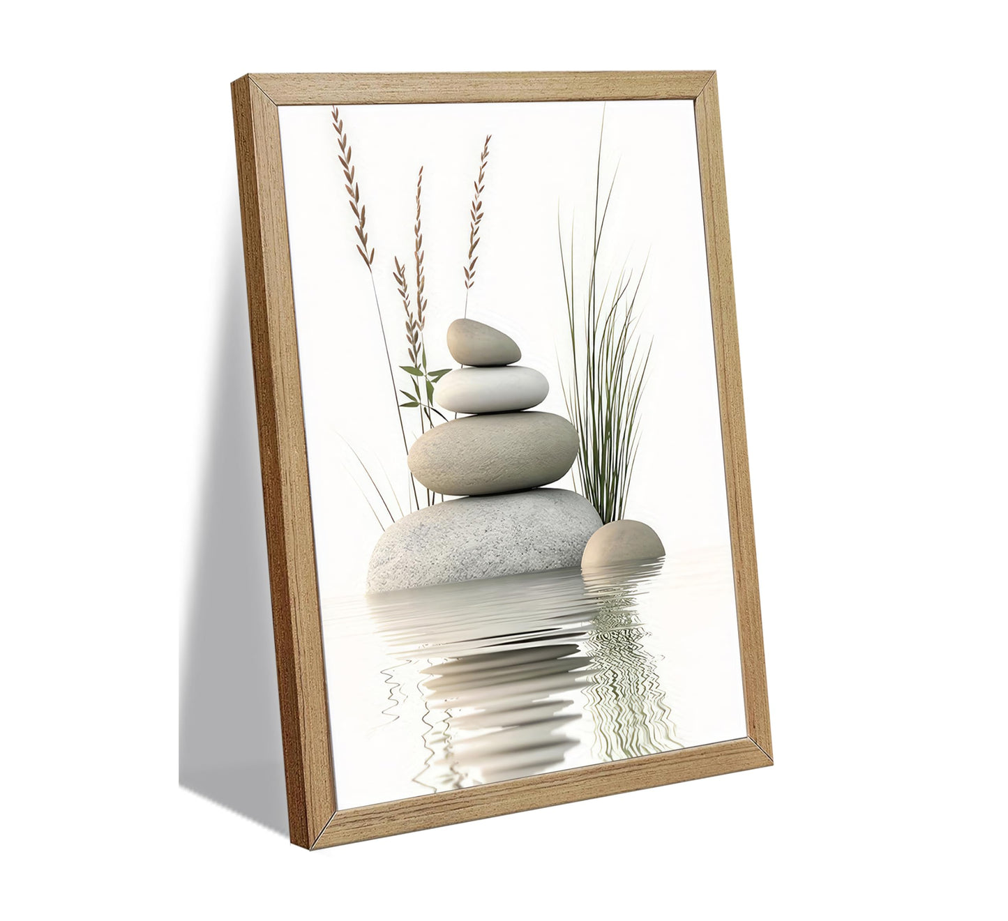 Wooden Frame Zen Stone Canvas Wall Art, Stacked Stones in Water Poster Print. Tranquil Wild Grass Picture for Spa Yoga Meditation Room Bathroom Wall Decor 12x16in Ready to Hang