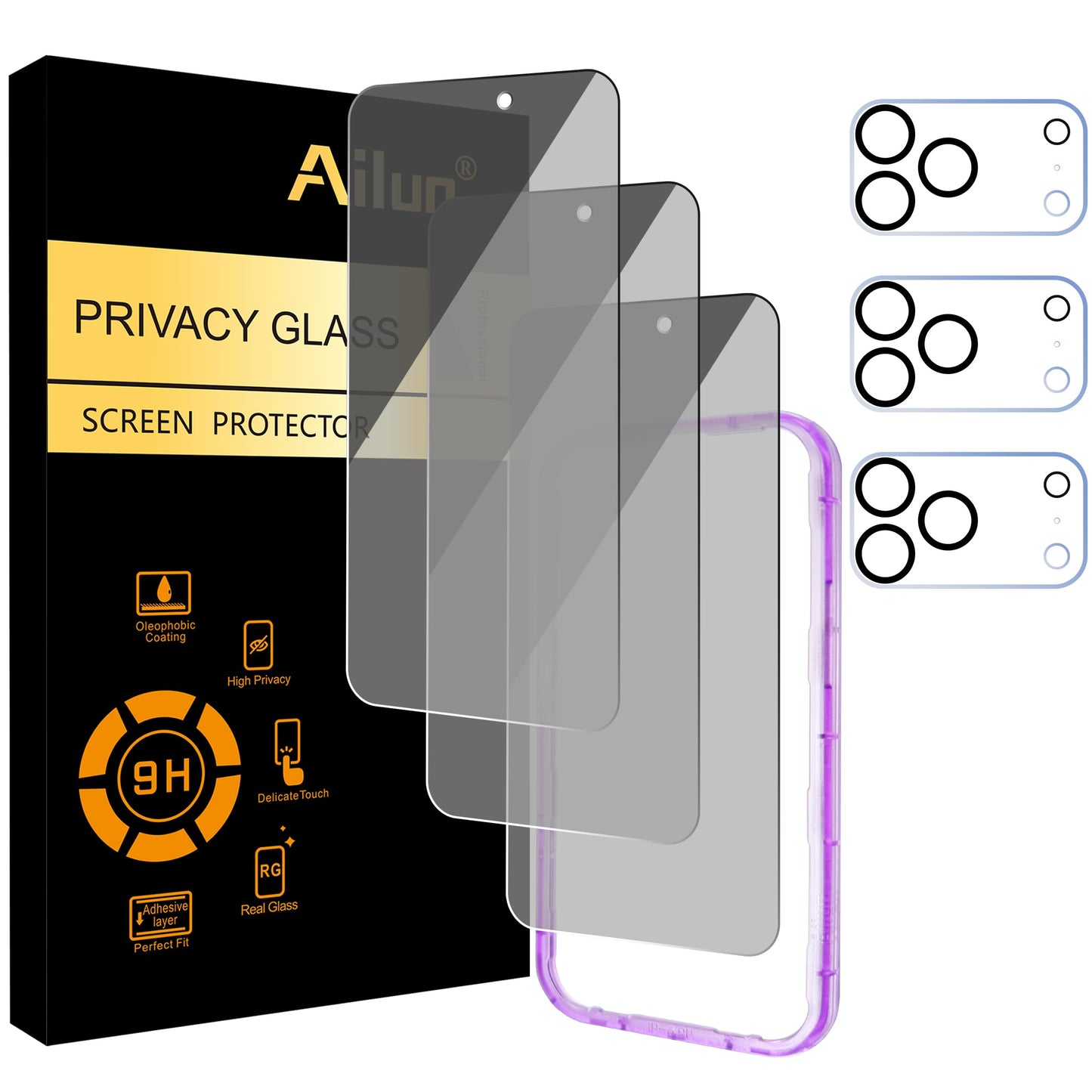 Ailun 2Pack Privacy Screen Protector Compatible for iPhone 14 Pro Max [6.7 inch] + 2 Pack Camera Lens Protector, Anti Spy Private Tempered Glass Film, Case Friendly, [9H Hardness] - HD