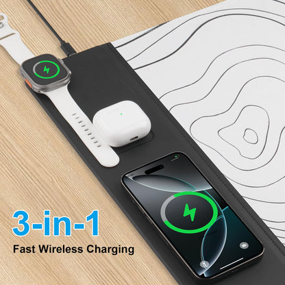 VOVIPO 3 in 1 Wireless Charging Mouse Pad, Desk Mat with Wireless Charger Multiple Devices Compitable with Watch/iPhone, White Topographic Large Desk Mat(90 x 40cm) for MacBook, PC, Laptop