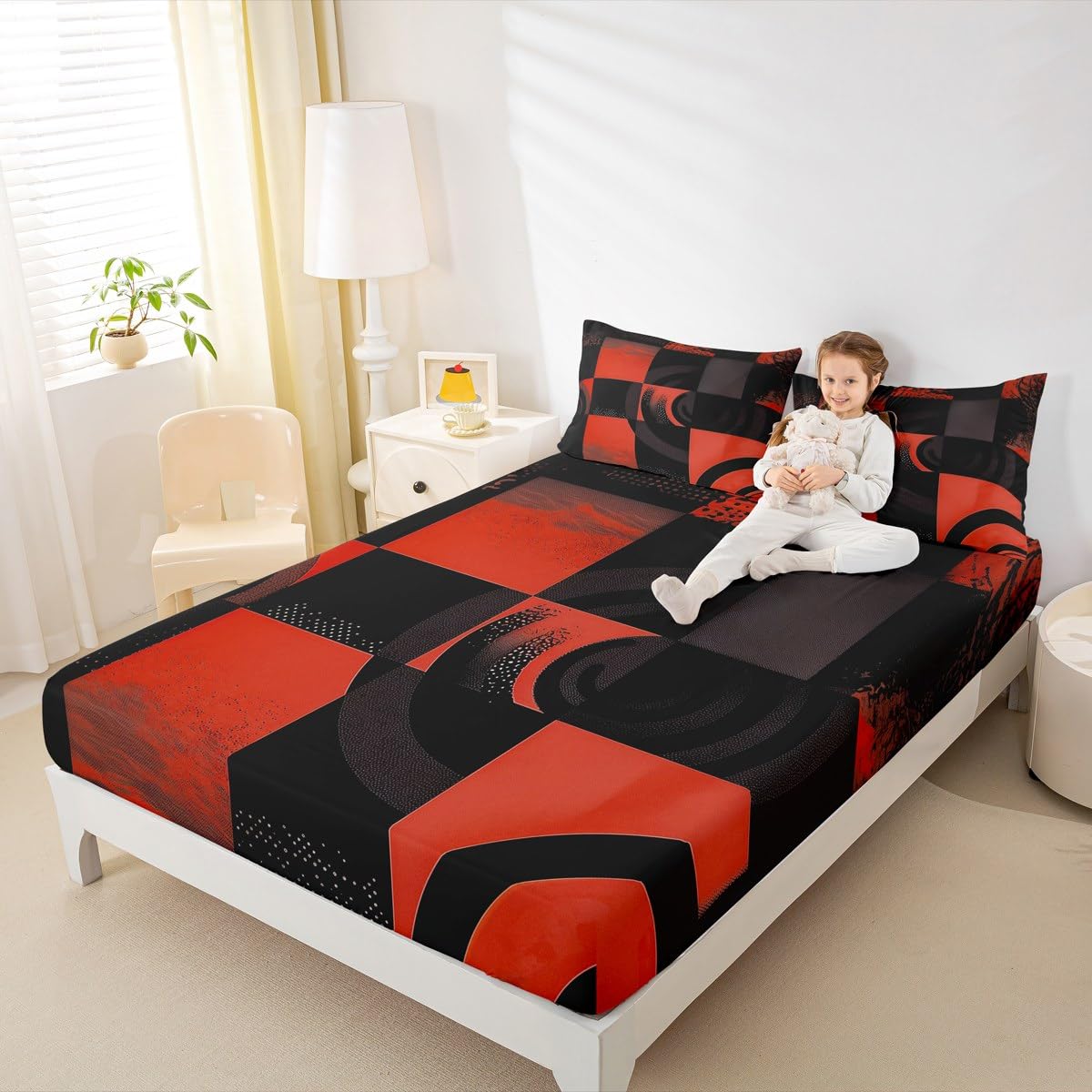 jejeloiu Black and Red Fitted Sheet with 1 Pillowcase Twin Size Abstract Bed Sheets Set 16" Deep Pocket Boys Girls Bedding Plaid Teens Bedroom Decor Breathable Soft Lightweight Microfiber