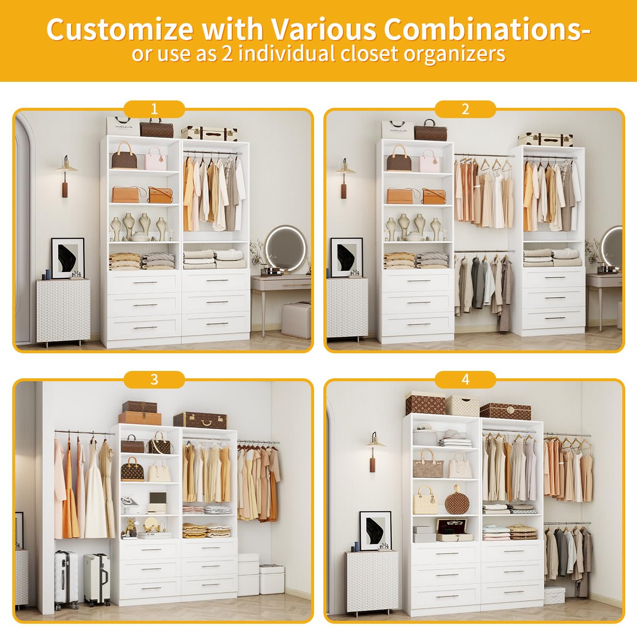 Closet System with 6 Drawers, Wood Closet Organizer System, Walk-in Closet or Small Closet System with Shelves, Modular Closet Systems with 3 Expandable Hanging Rods, 2 Sets, White (4FT)