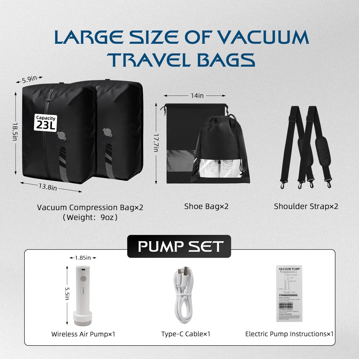 TOLDATLI Vacuum Travel Bags With Pump,Vacuum Seal Bags For Clothing Travel,Ip67 Waterproof Vacuum Bags For Travel,Compression Packing Cubes With Suitcase, Luggage,Backpack (2pcs + Pump+Shoe Bags)