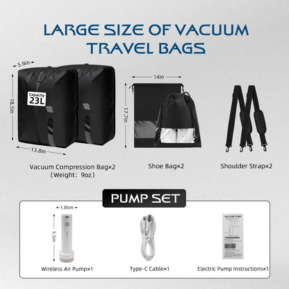TOLDATLI Vacuum Travel Bags With Pump,Vacuum Seal Bags For Clothing Travel,Ip67 Waterproof Vacuum Bags For Travel,Compression Packing Cubes With Suitcase, Luggage,Backpack (2pcs + Pump+Shoe Bags)