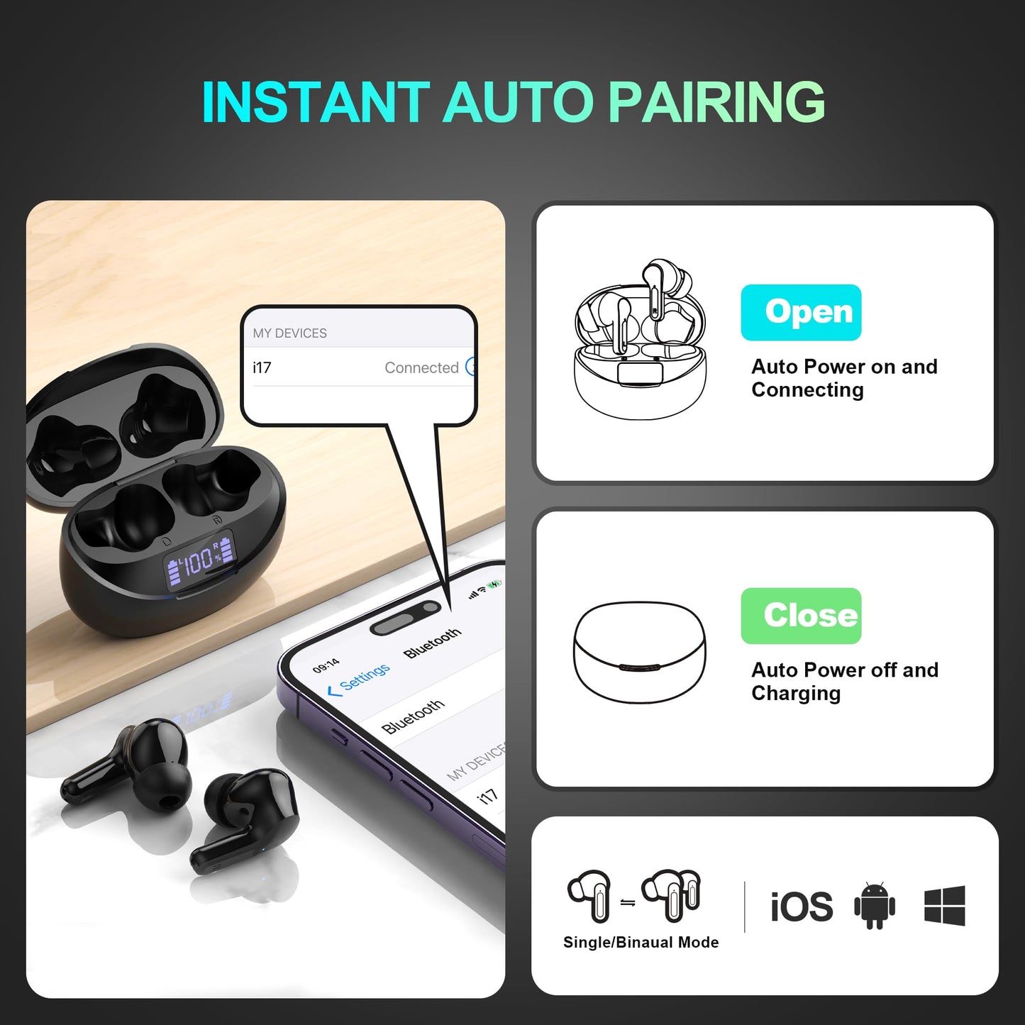 Wireless Earbuds Ear Buds Earphones-Bluetooth 5.3 USB C Mini Headphones Touch Control with Microphone Hi-Fi Stereo Sound Deep Bass CVC Noise Cancelling Dual LED Display 35H Playtime Water-Resistant