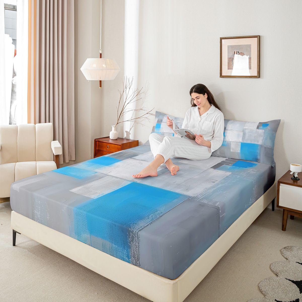 jejeloiu Abstract Fitted Sheet Full Size for Kids Boys Girls Blue Ombre Bed Sheets Set 16" Deep Pocket Soft Breathable Microfiber Modern Art Bedding with 2 Pillowcases Luxury Room Decor