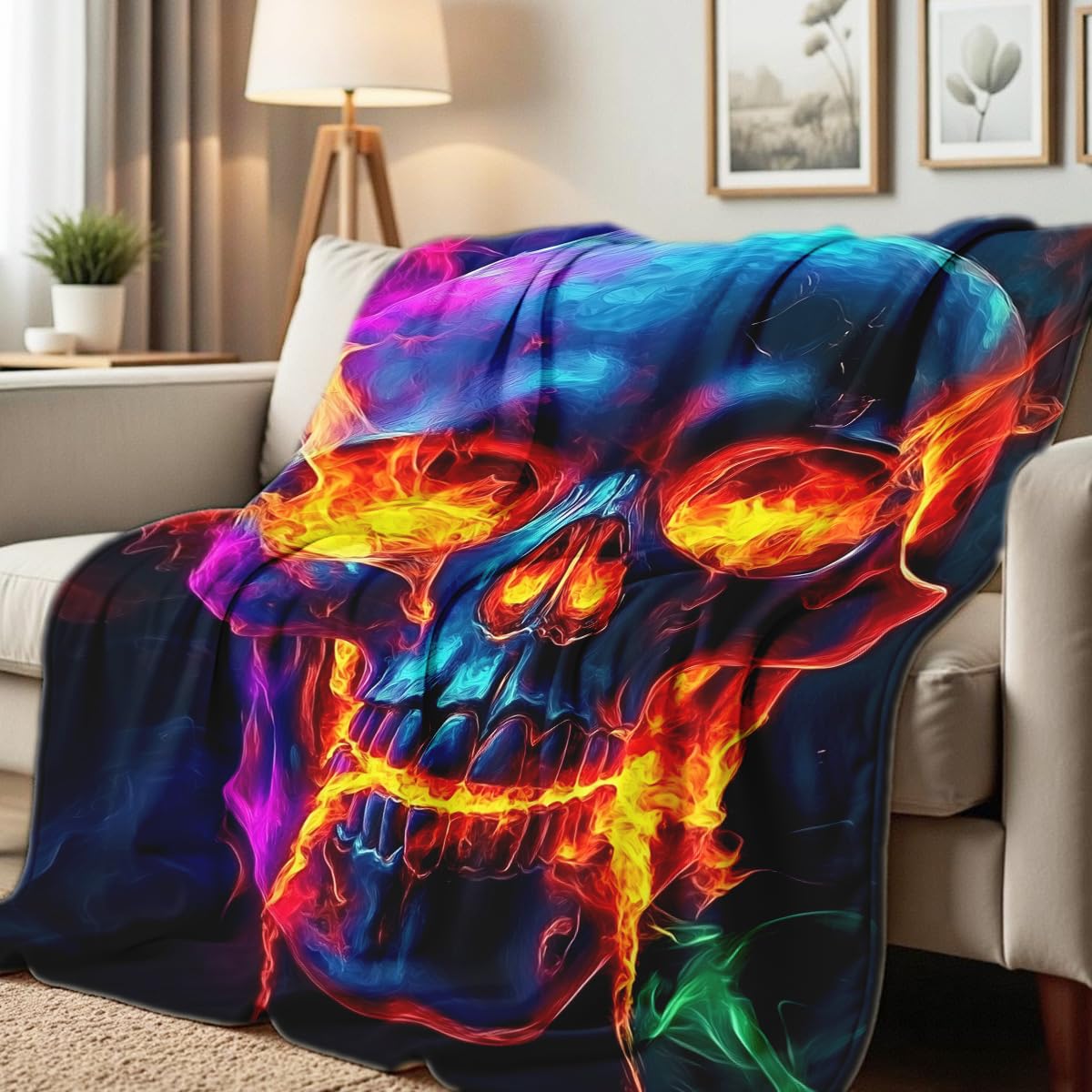 HUNXIAOJ Skull Blanket Throw Skeleton Flannel Blanket Gothic Print Throw Gifts for Kids Girls Boys Adults Women Men Halloween Decor Queen Size Bed Couch (49"x59")