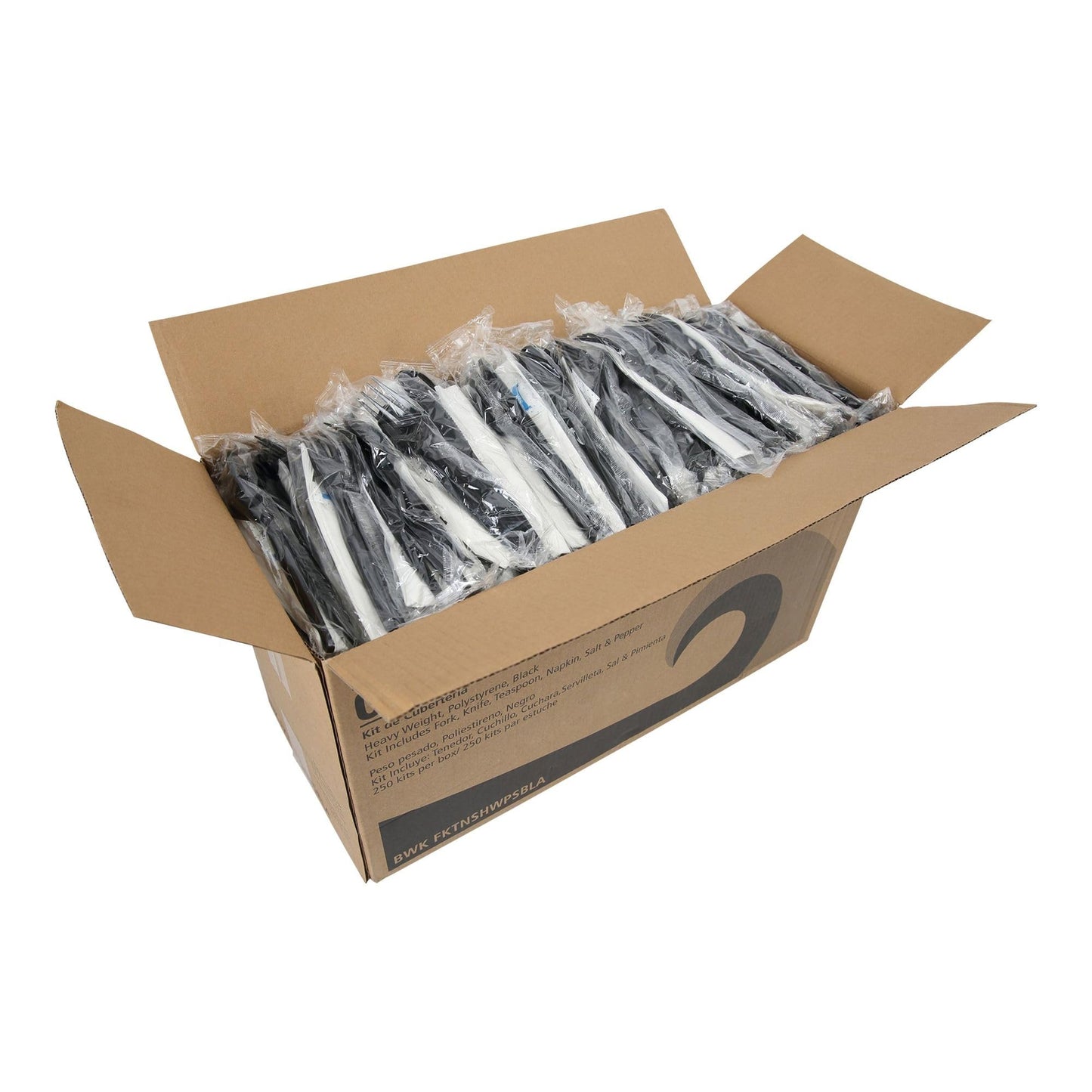Boardwalk Six-Piece Cutlery Kit, Condiment/Fork/Knife/Napkin/Spoon, Heavyweight, Black, 250/Carton