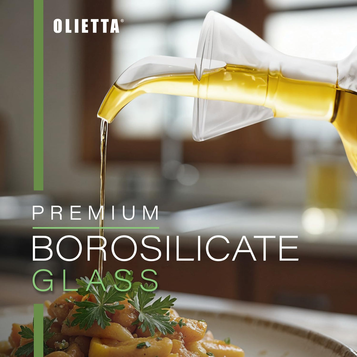 Olietta Olive Oil Dispenser Bottle Borosilicate Glass - 17 oz 500ml Non Drip Dispenser - Leak Proof Pourer Vinegar Drizzler Cruet - Easy Clean Drip Free Bottles for Kitchen