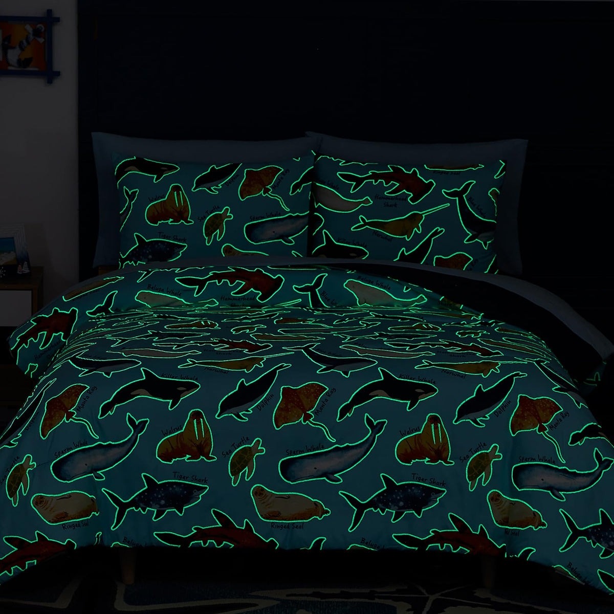 Wink Deer Full Size Comforter Set for Boys-7 Pieces Ocean Animals Glow in the Dark Full Bedding Sets for Kids, Ultra Soft Bed in A Bag with Sheets