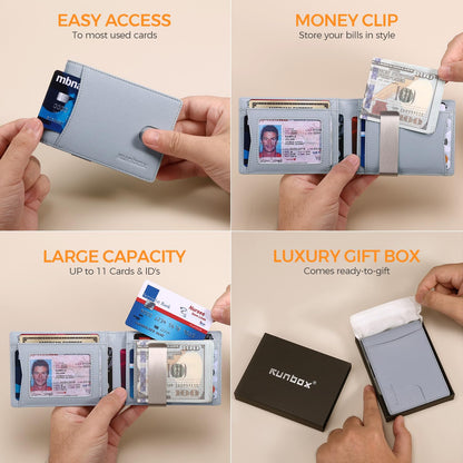 RUNBOX Slim Money Clip Wallets for Men RFID Blocking 11 Card Holder Minimalist Small Leather Bifold Novelty Men's Wallet Front Pocket Gift Box
