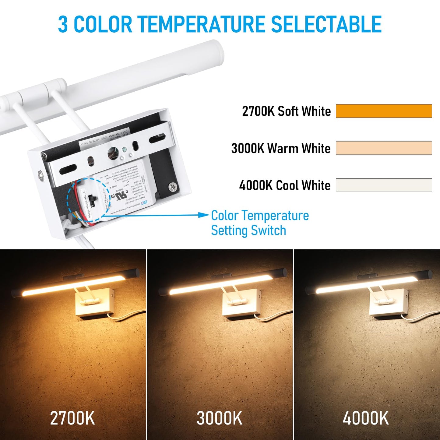 LEONLITE 3CCT Dimmable LED Picture Light, 2700K/3000K/4000K Selectable, CRI90 Swivel Full Metal Picture Frame Light for Wall Art, Painting, Artwork, Portrait, Plug-in & Hardwired, White