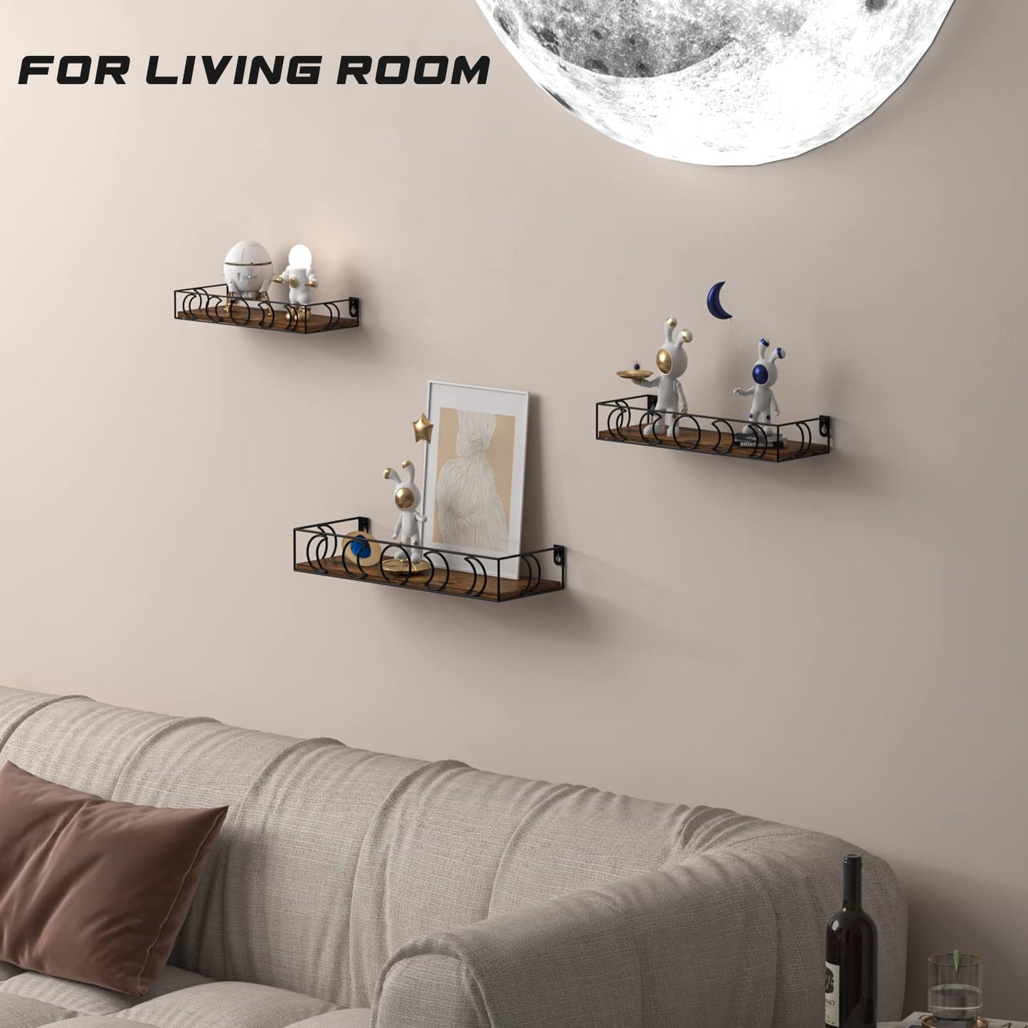 Serwrsw Moon Phase Wall Shelves Brown Black, 3 Pack Small Floating Book Plant Shelves for Bedroom Kid Room, Decorative Storage Display Shelf for Crystal Figurine Collectibles