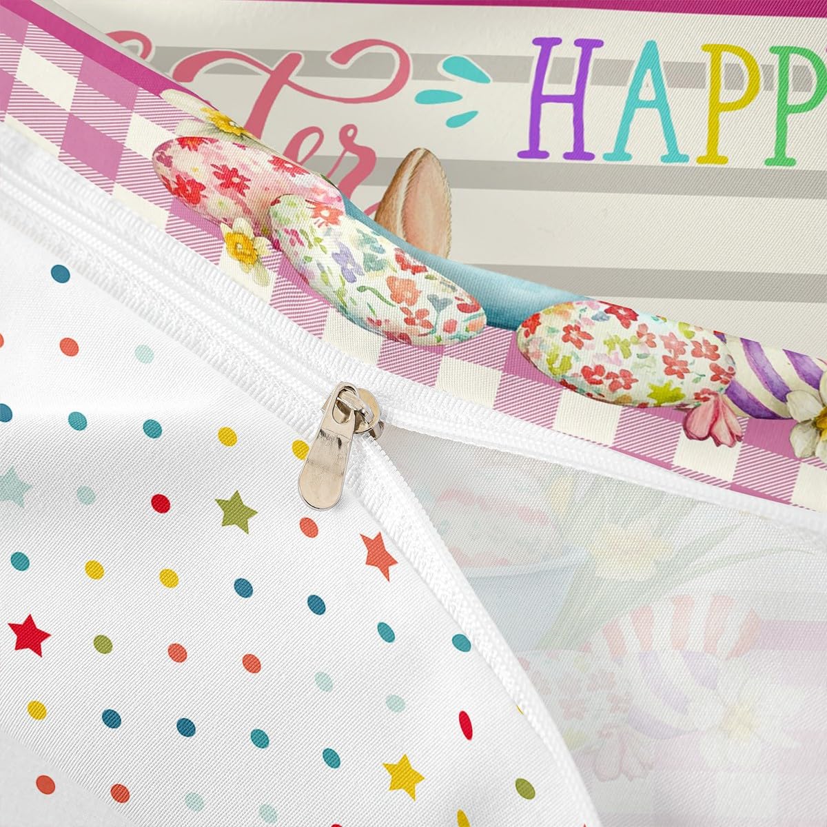 Erosebridal Easter Decorations,Rabbit Comforter Cover Happy Easter Themed Easter Egg Duvet Cover,Pink Yellow Tulip Flowers Checkered Grid Bedding Set Queen,Easter Gifts for Kids Kawaii Room Decor