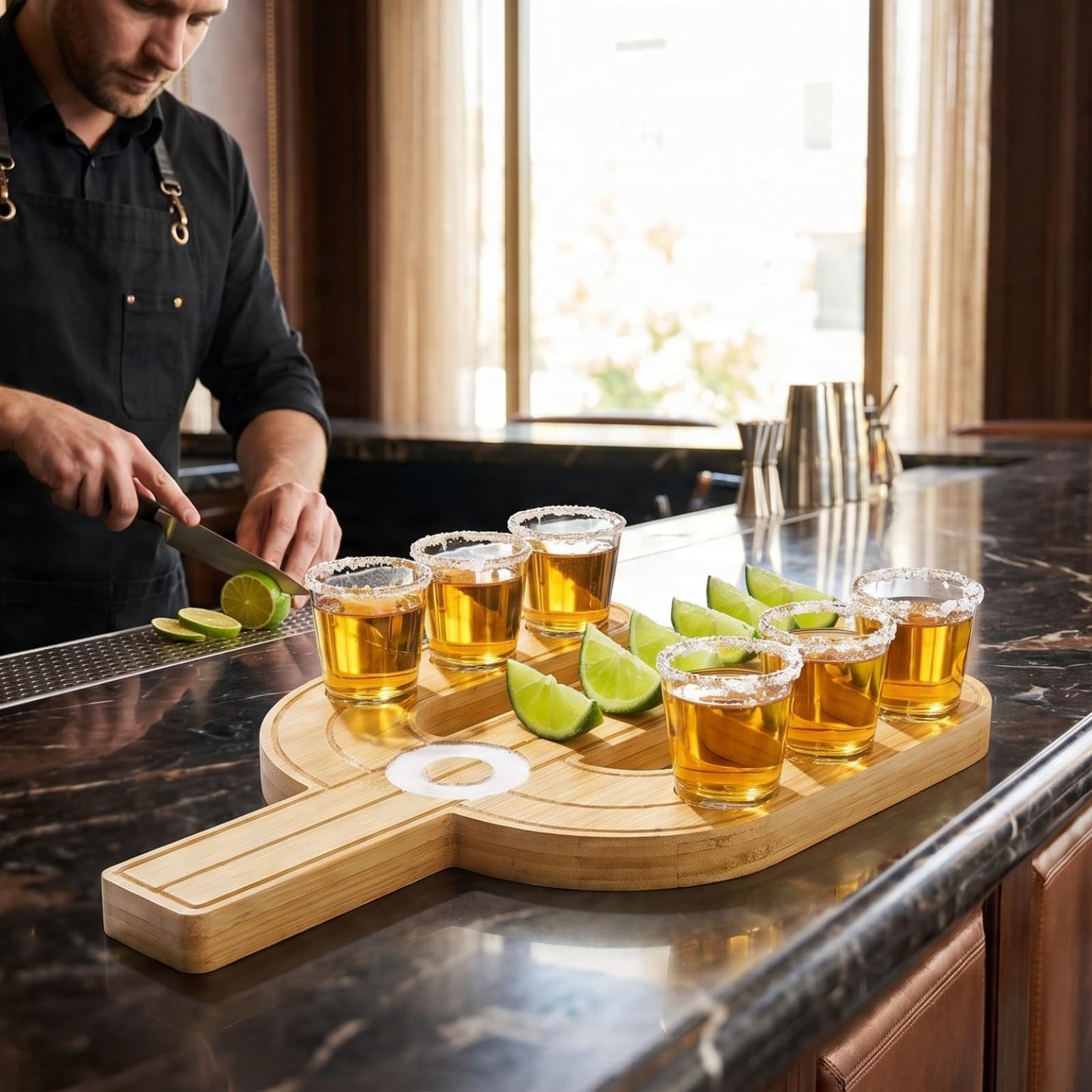 Cactus Tequila Tray & Shot Glasses Set - Tequila Gifts & Mexican Gifts - Bamboo Shot Glass Holder Serving Tray - Flight Board with Lemon Bowl, Salt Rimmer & Shot Glass Set - Party Shot Board, Gift