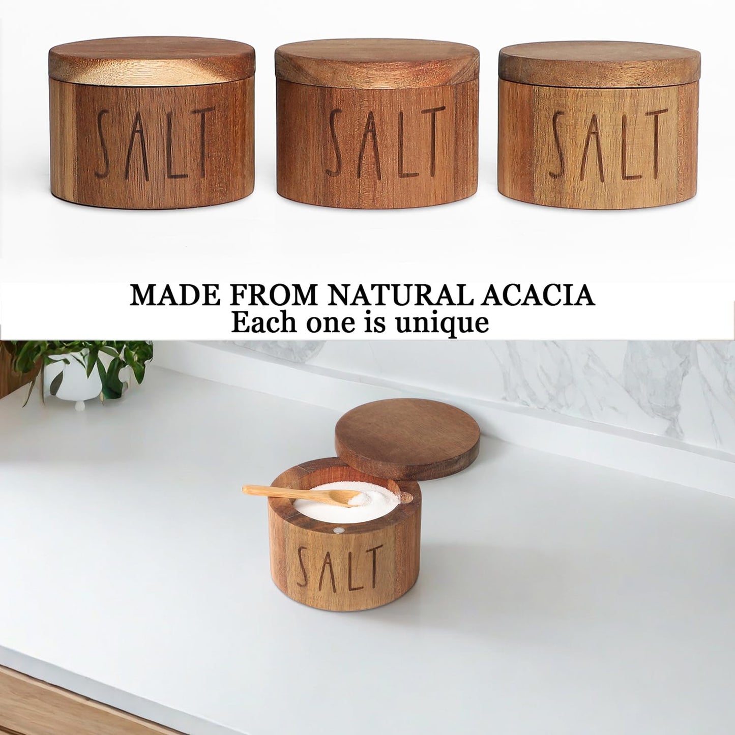 Acacia Wood Spice Box with Swivel Lid and Built-in Spoon for Kitchen Countertop, Farmhouse Kitchen Decoror for Storing Salt, Peppers, Sugar or Seasonings (Labeled “SALT”)
