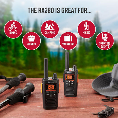 Cobra RX680 Walkie Talkies (2-Pack) - Rugged & Splashproof Two Way Radios Long Range, IP54 Water Resistant Design, 60 Pre-Programmed Channels, Weather Alerts, Included Charging Dock (Black/Orange)