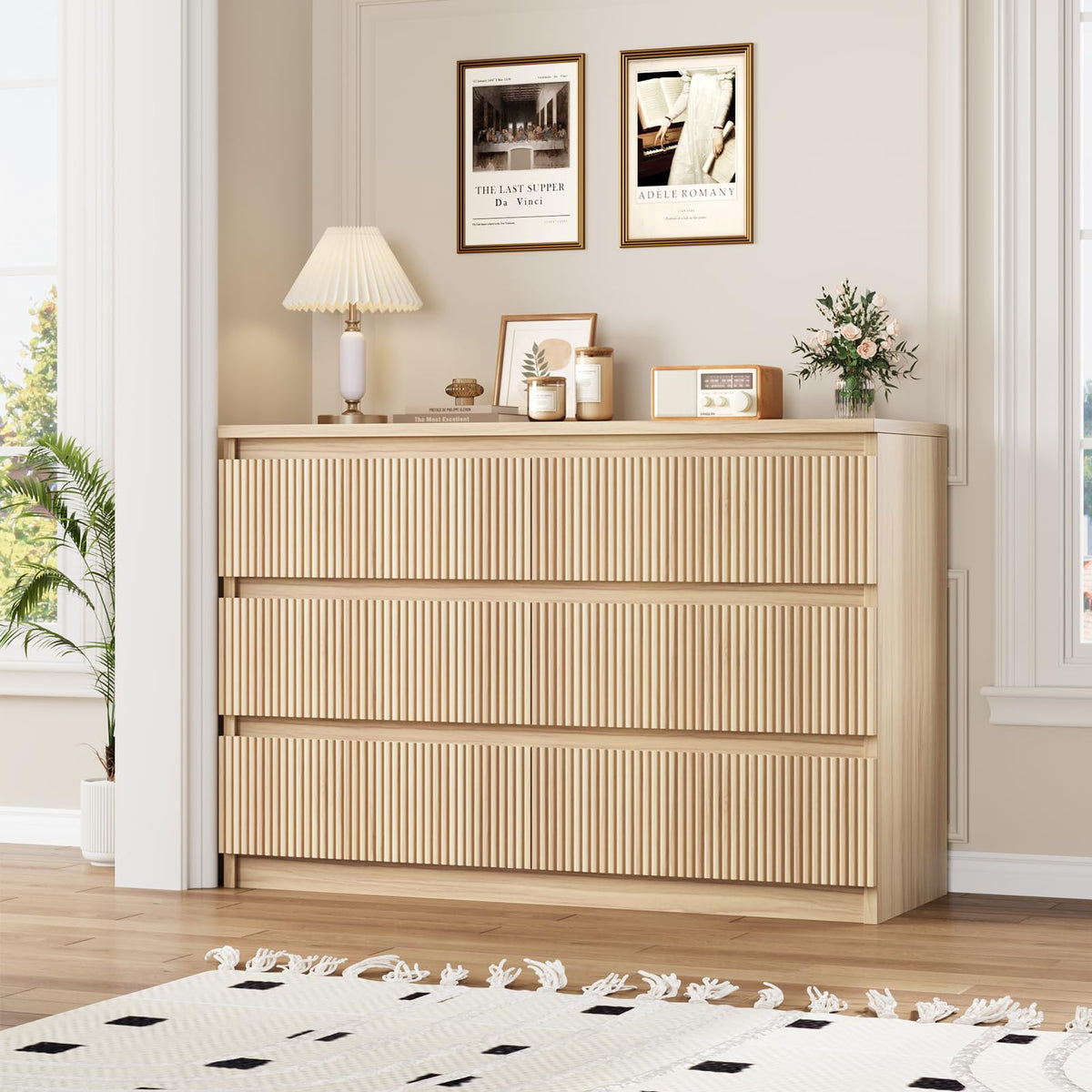 Jocoevol 6 Drawer Fluted Dresser, Modern Chest of Drawers for Bedroom with Hidden Handles, Wood Storage Organizer Cabinet for Living Room & Entryway, Natural Oak (15.7" D x 47.3" W x 31.6" H)