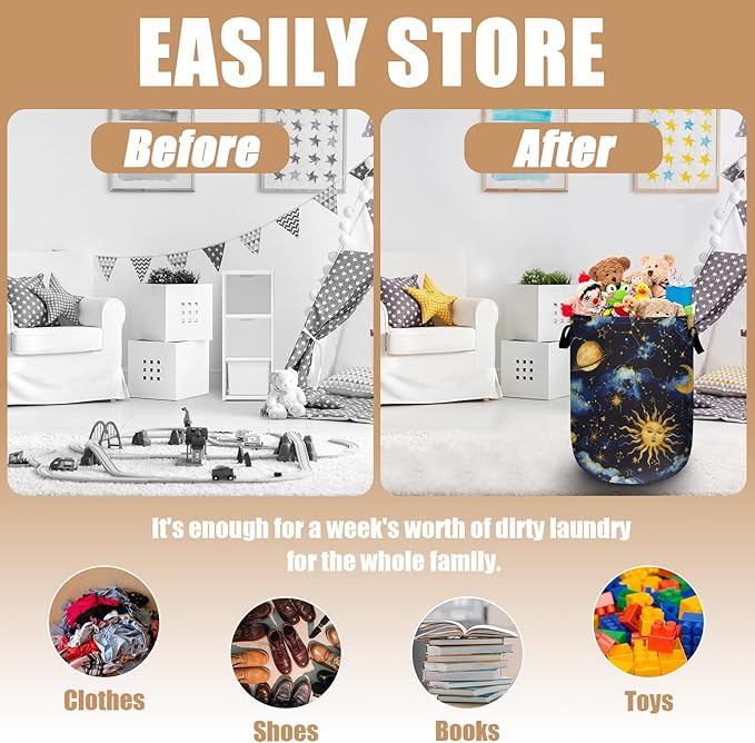 Sun Moon Laundry Basket, Foldable Cloudy Starry Night Laundry Hamper Tote Bag