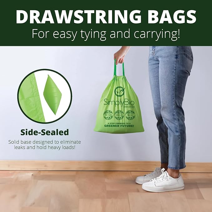 Simply Bio 3 Gallon Compostable Trash Bags Liners Drawstring, Heavy Duty Extra