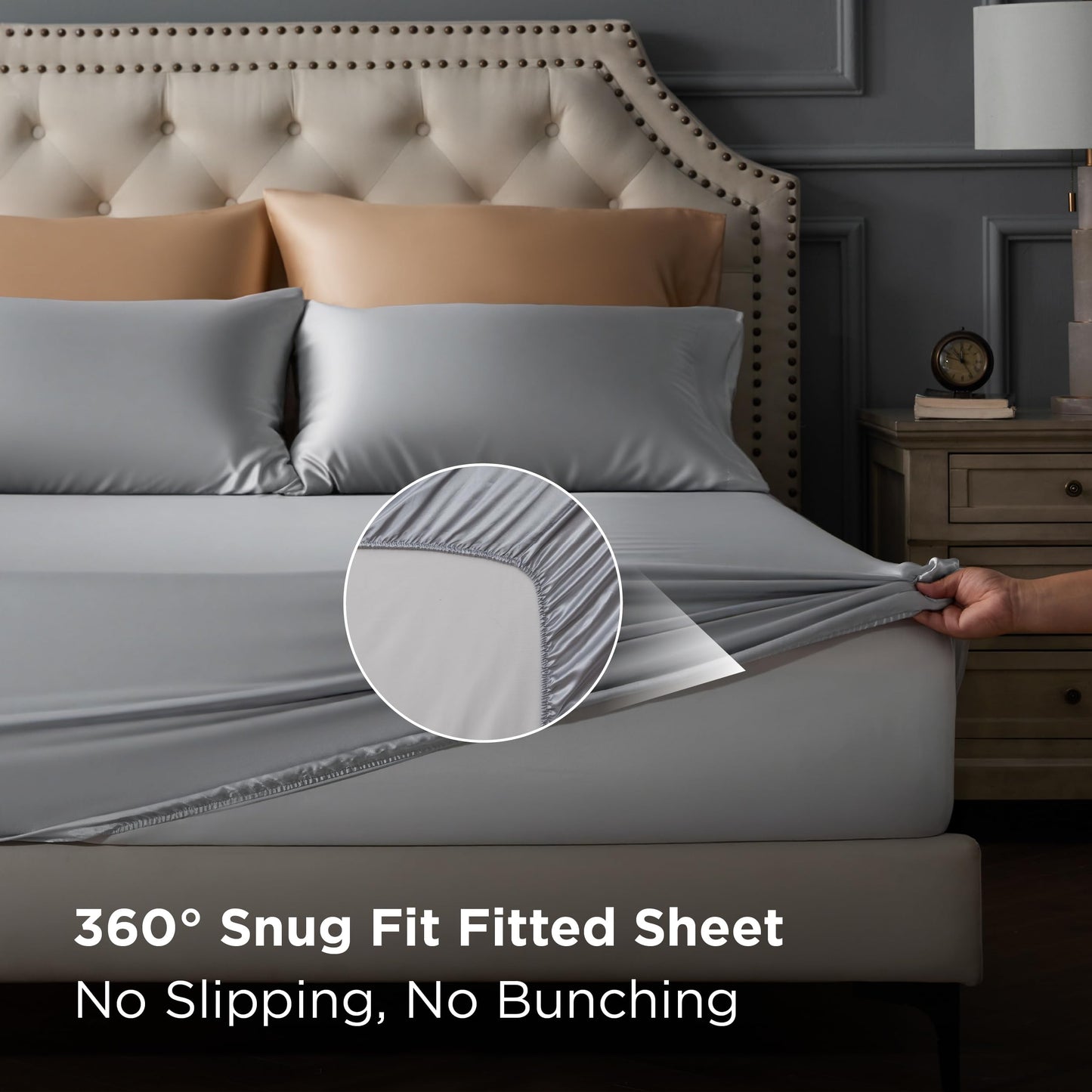 Bedsure Satin Sheets Full Size - 4 Piece Silky Bedsheets with 15 Inches Deep Pocket Fitted Bedsheet,1 Flat Sheet, 2 Satin Pillowcases, Good for Hair & Skin (Full, Silver Grey)