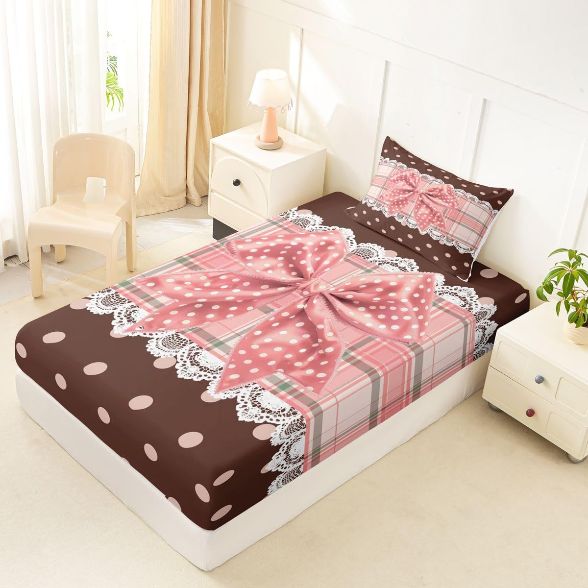jejeloiu Plaid Bowknot Fitted Sheet Twin Size for Kids Boys Girls Polka Dots Bed Sheets Set 16" Deep Pocket Soft Breathable Microfiber Pink Brown Bow Bedding with 1 Pillowcase Room Decor