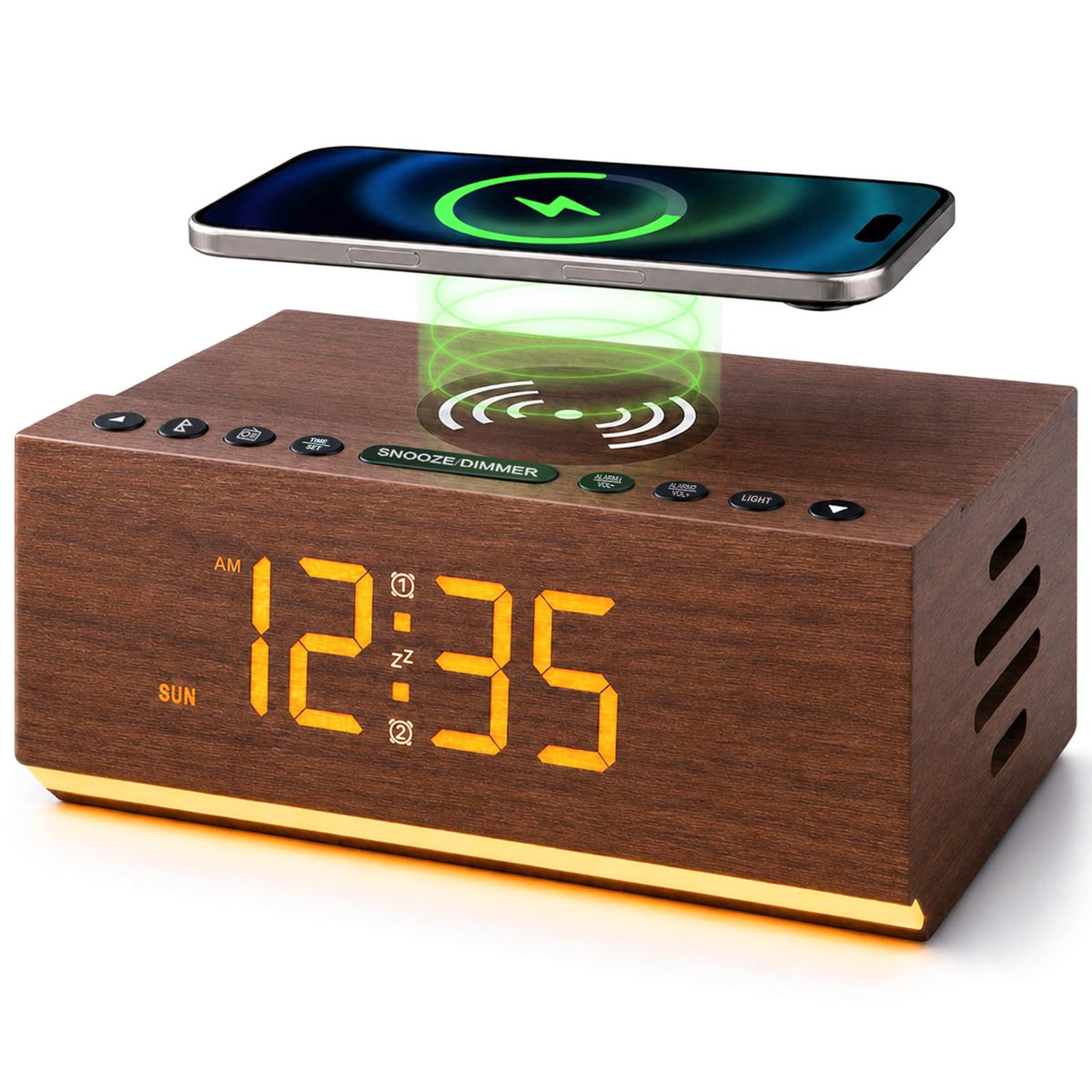 Hoifen Wooden Digital Alarm Clock with Bluetooth Speaker, Wireless Charging, FM Radio, Night Light, Auto Time Sync, Dual Alarms, USB Port, 9-Min Snooze for Bedroom, Desk, Bedside Clock Home Decor Gift