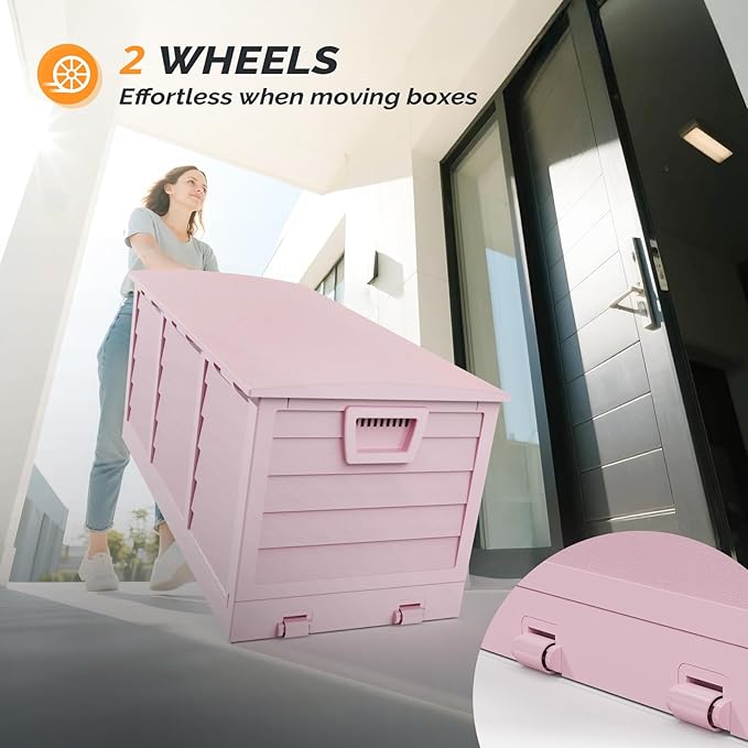 VINGLI 75 Gallon Collapsible Outdoor Storage Box, Simple-to-assemble Plastic Storage Containers with Lid, Patio Deck Box Furniture for Garden, Pool, Balcony, Yard (Pink)