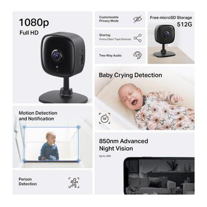 Tapo TP-Link 1080P Indoor Security Camera for Baby Monitor, Dog Camera w/Motion Detection, 2-Way Audio Siren, Night Vision, Cloud & SD Card Storage, Works w/Alexa & Google Home C100