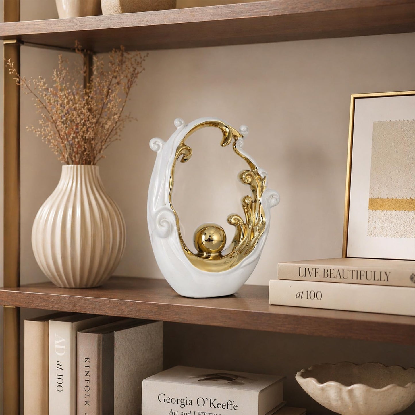LINYTHER Abstract Ceramic Sculpture, White and Gold Modern Tabletop Statue Wave-Inspired, for Home Decor, Decorative Accent for Shelf, Mantel, Coffee Table, Console or Entryway