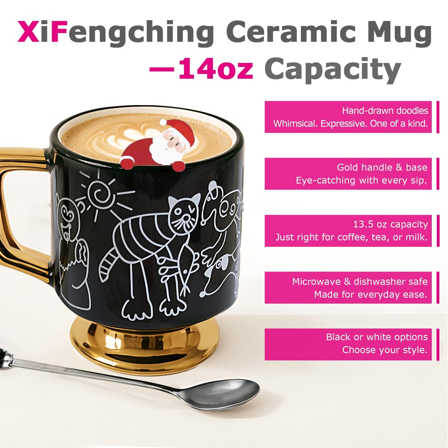 xifengching Christmas Mugs Whimsical Animal Ceramic fun Coffee Mug – 14oz Childlike Hand-Drawn Cat, Dog & Bear Design – Cute gothic Coffee Cup Gift for Women, Girls, Kids (Black)