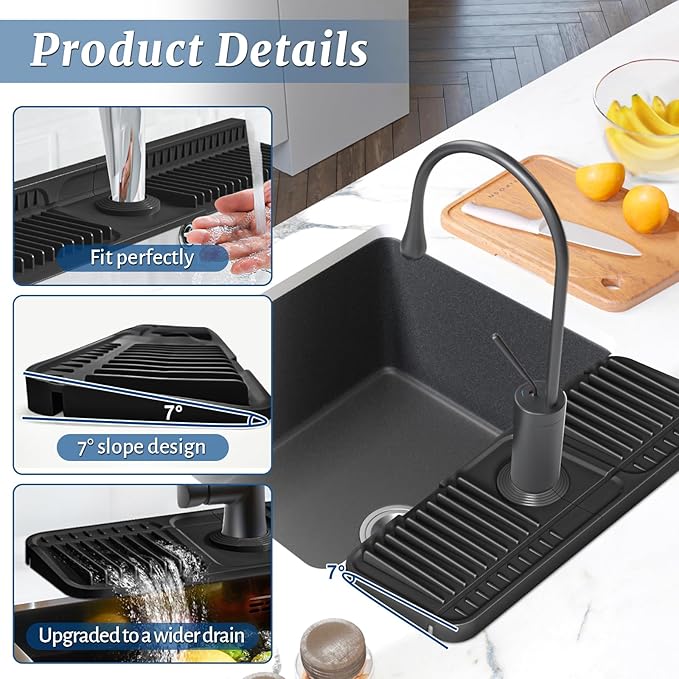 PoYang 14.6 inch Faucet Mat for Kitchen Sink Splash Guard, 7° Slope Silicone