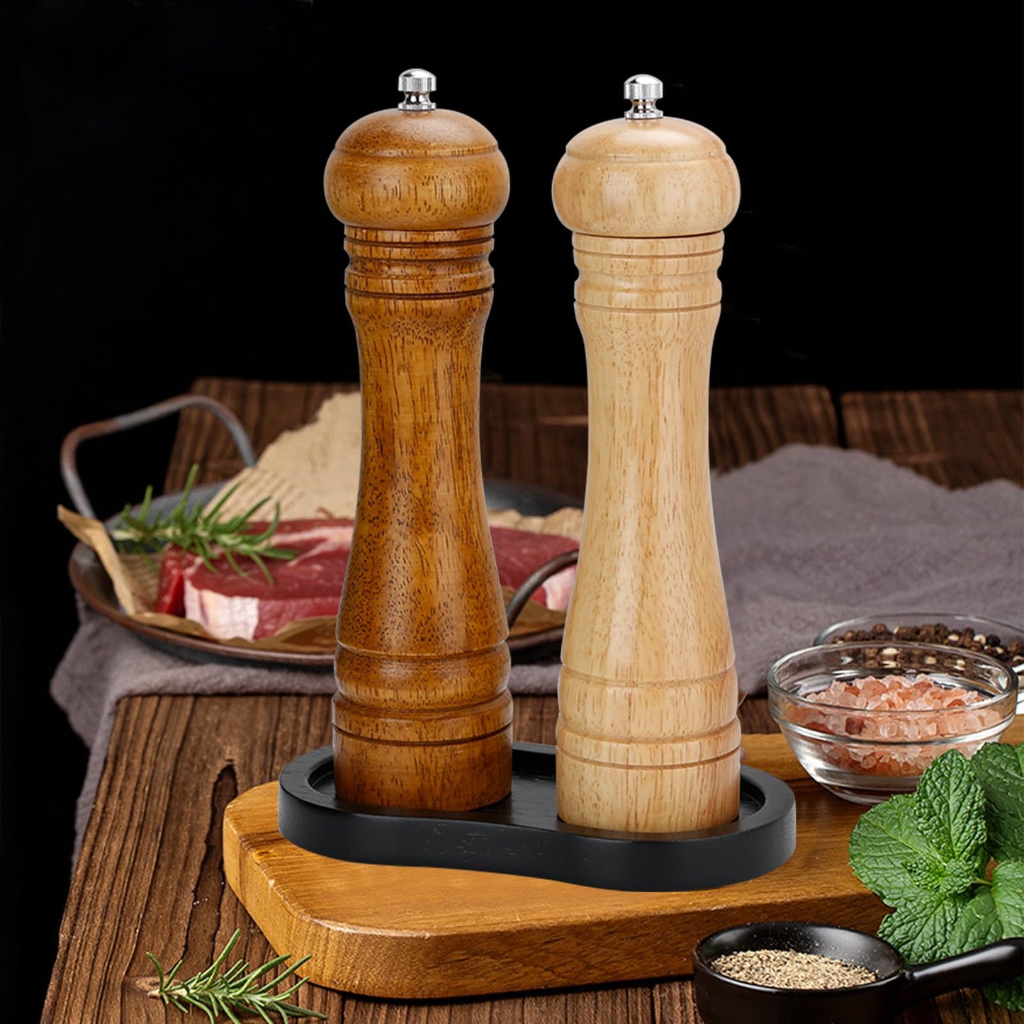 BINHAI Black Salt and Pepper Mill Tray, Pepper Grinder Wood Rest, Work Surface and Dining Table Protector (Pepper mill not included)