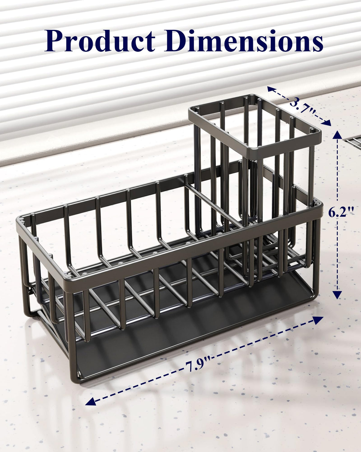 Kitsure Sponge Holder for Kitchen Sink - Rustproof Stainless Steel Sink Caddy Organization and Storage Essentials with High Brush Holder, Home Decor Accessories, 7.9" x 3.7" x 6.2", Black