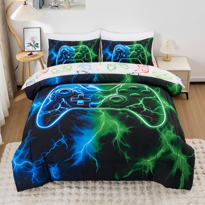 Meeting Story Gaming Bedding Set Twin, 3D Game Controller Design Twin Comforter, Gamer Themed Bedding Set for Boys, Suitable for All Seasons(Bluegreen)