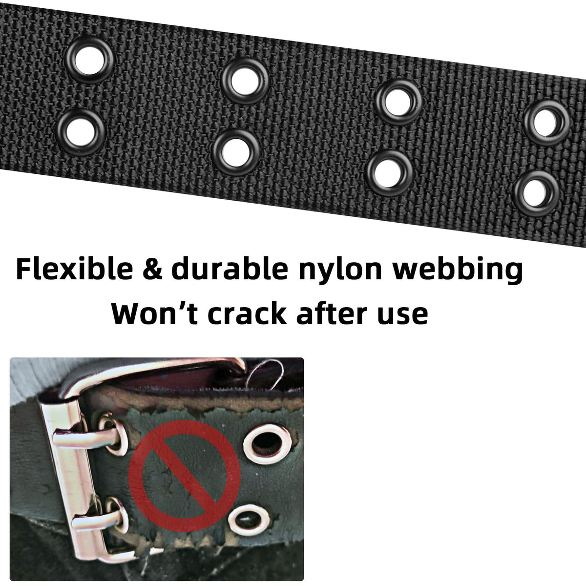 Drizzte 43'' Double Prong Belt Black Grommet Nylon Belts for Men Unisex