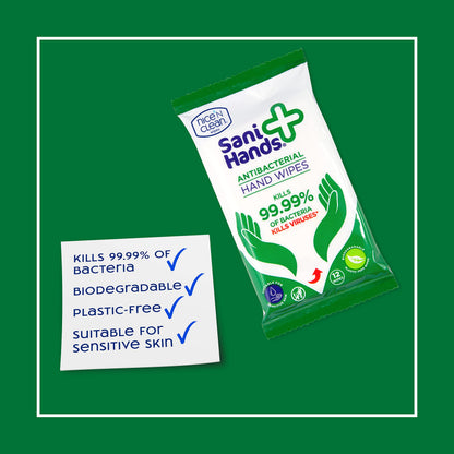 Sani Hands - Anti-bacterial Hand Wipes - Dermatologically Tested, Biodegradable Wet Wipes - 10x12 Wipes (120 Wipes)