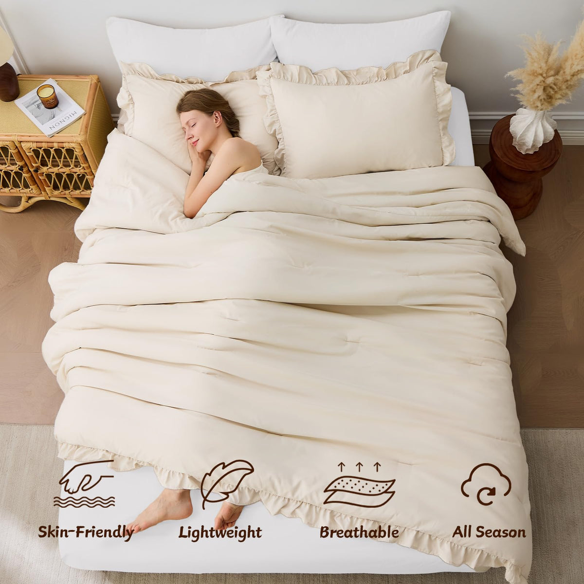 FUANNA Queen Comforter Set Oatmeal, 3 Pieces Ruffle Queen Bed Set, Fluffy Bed in a Bag Queen for All Seasons, Shabby Chic Bedding Comforter Sets with 1 Lightweight Comforter & 2 Pillowshams