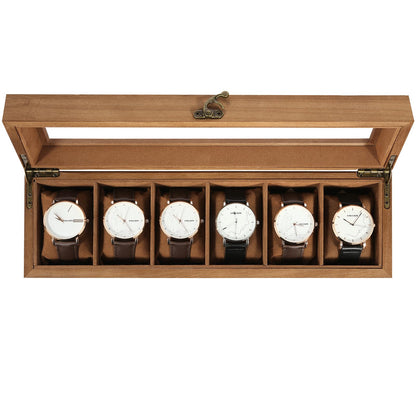 Uten Solid Wood Watch Box, 6 Slot Watch Case with Soft Pillow, Watch Display Case with Glass Lid, Watch Holder Organizer, Watch and Jewelry Storage, Gift Ideas, Brown