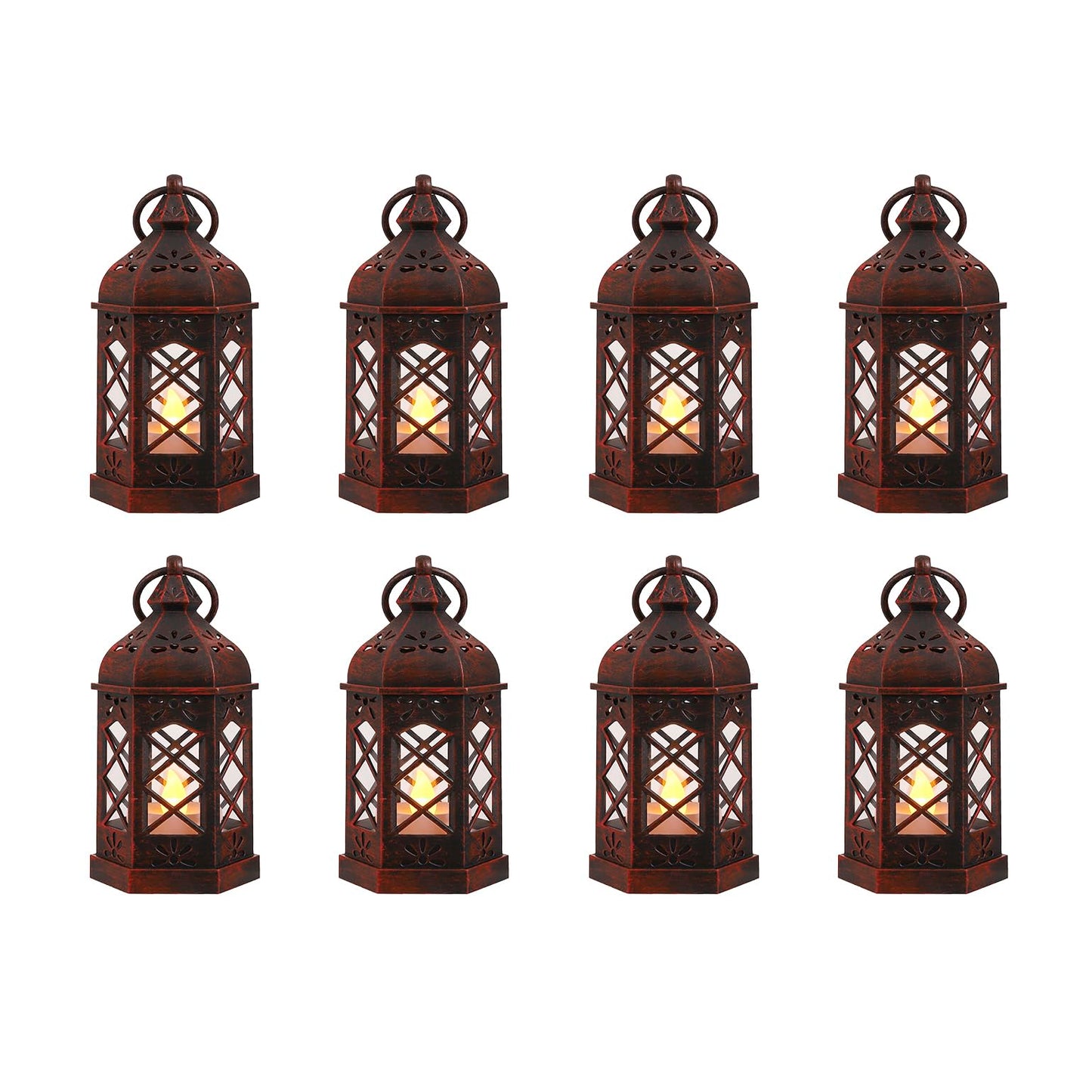 Reperla 8-Pack Mini Lanterns for Ramadan, Wedding, Festivals, Small Decorative Lanterns with LED Candle for Baby Shower Party, Moroccan Lantern for Table Centerpiece, Medieval Decor, Red Brushed