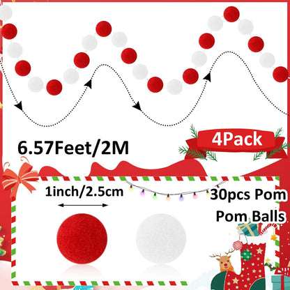 MARFOREVER 4 Pack 26.3 Feet Red and White Christmas Decorations Christmas Pom Pom Garland 30 Balls Xmas Felt Ball Garland for Xmas School Classroom Mantel Wall Home Party Decor Hanging Ornaments