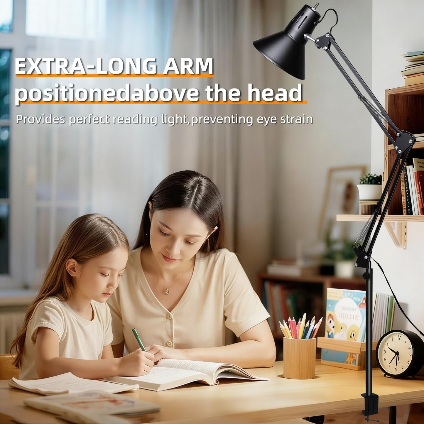 Desk Lamp With Clamp for Home Office, Eye-Caring Clip on Light with Adjustable Extra Tall Metal Swing Arm, High Intensity Clamp Lamp w/LED Bulb, Architect Task Table Lamps for Study, Workbench-B/5000k