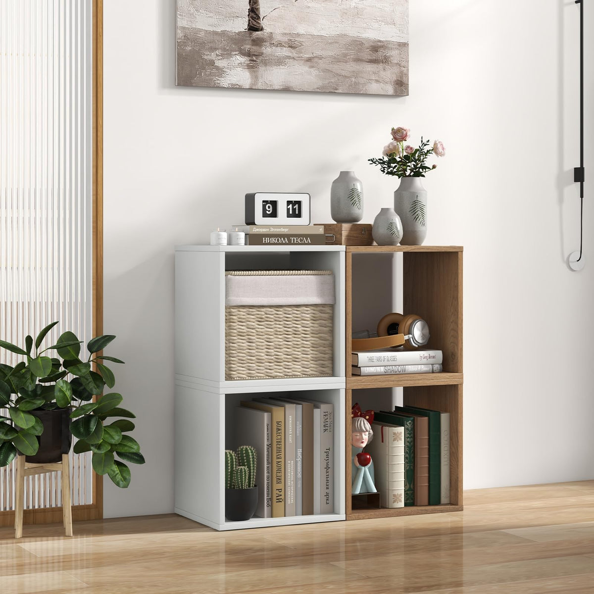 Giantex 2 Cube Bookshelf Organizer, 2-Tier Stackable Cube Storage Organizer, Small Wooden Open Book Shelf with Anti-toppling Device, Wood Floor Standing Display Shelving Bookcase, Natural
