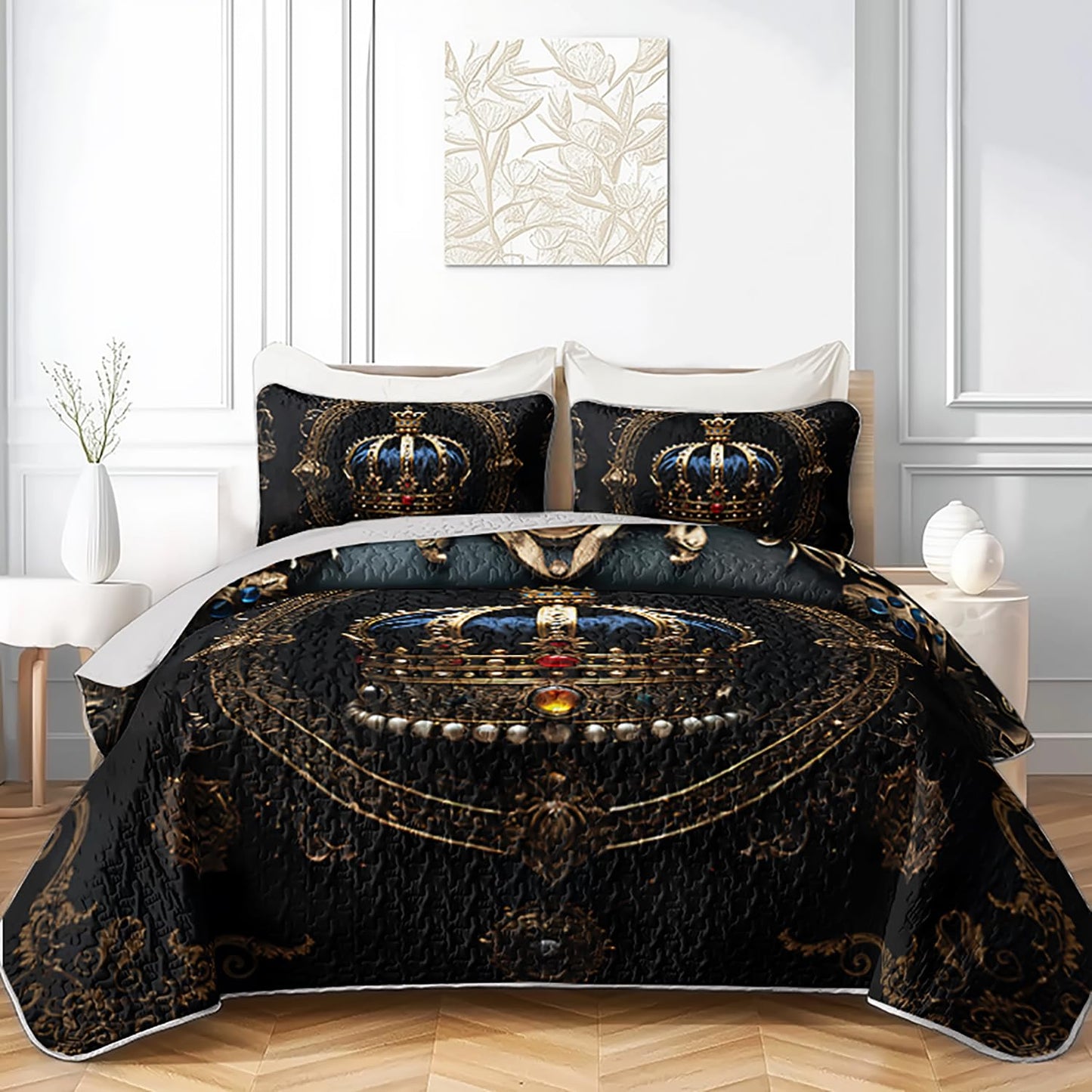 XYNHML Golden Crown Printed Quilt Bedding Full 3Pcs Diamond King Crown Bed Set Retro Mystic Flower Pattern Lightweight Soft Bedspread Coverlet with 2 Pillowcases for Kid Boy Girl Teen Adult Bed Decor